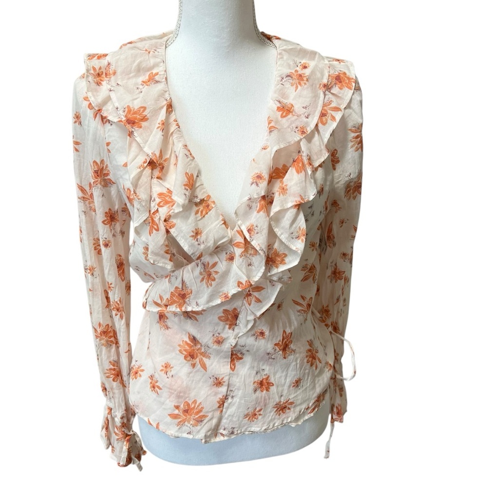 Free People Amanda Ruffle Floral Wrap Top Ivory Cottagecore Romantic Blouse Sz M